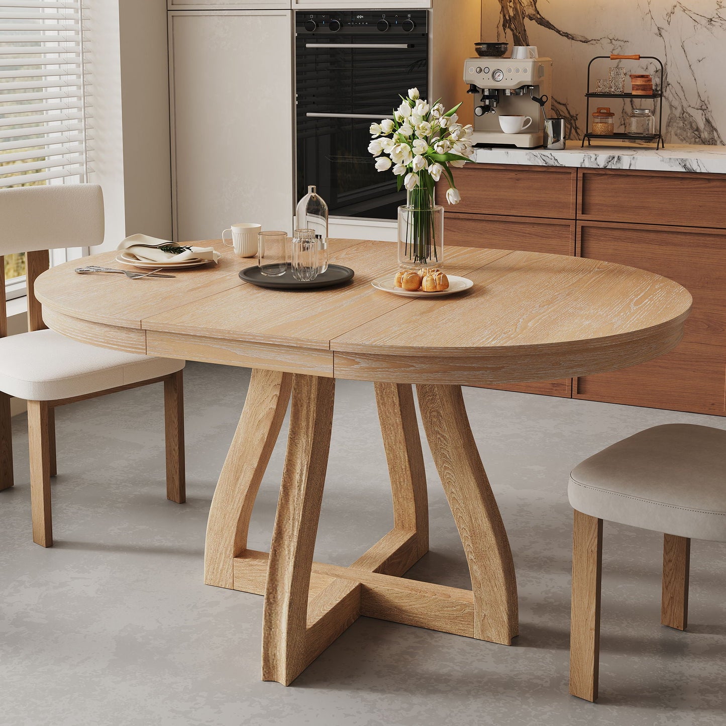 Round Extendable Dining Tabl, Middle Leaf, Curved Legs