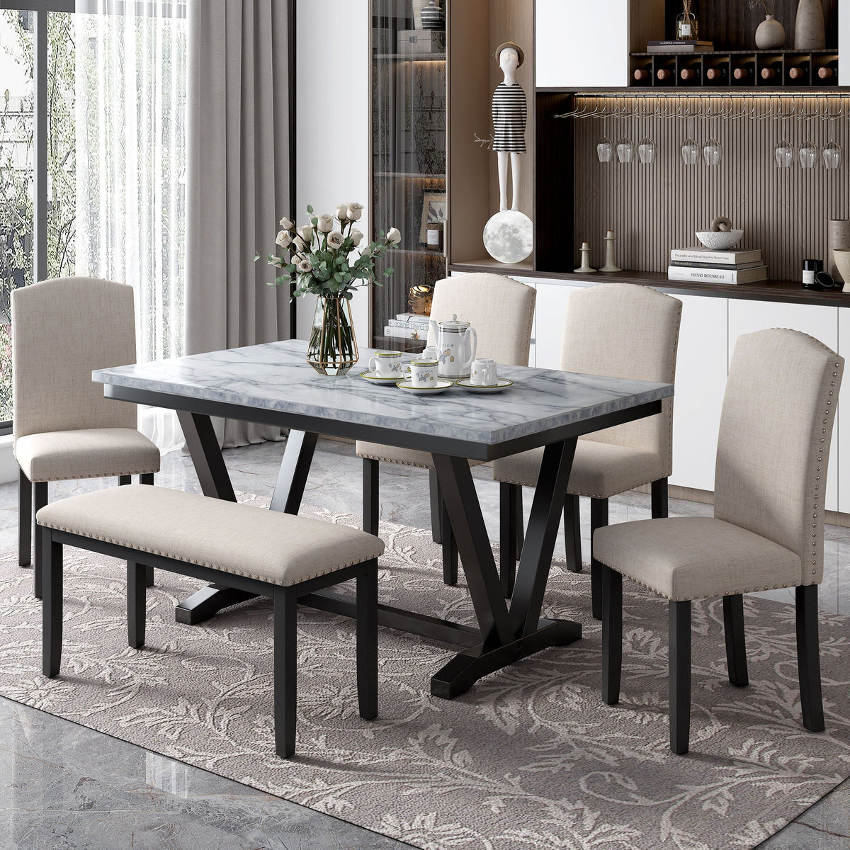 6 Piece Dining Set With V - Legs - White