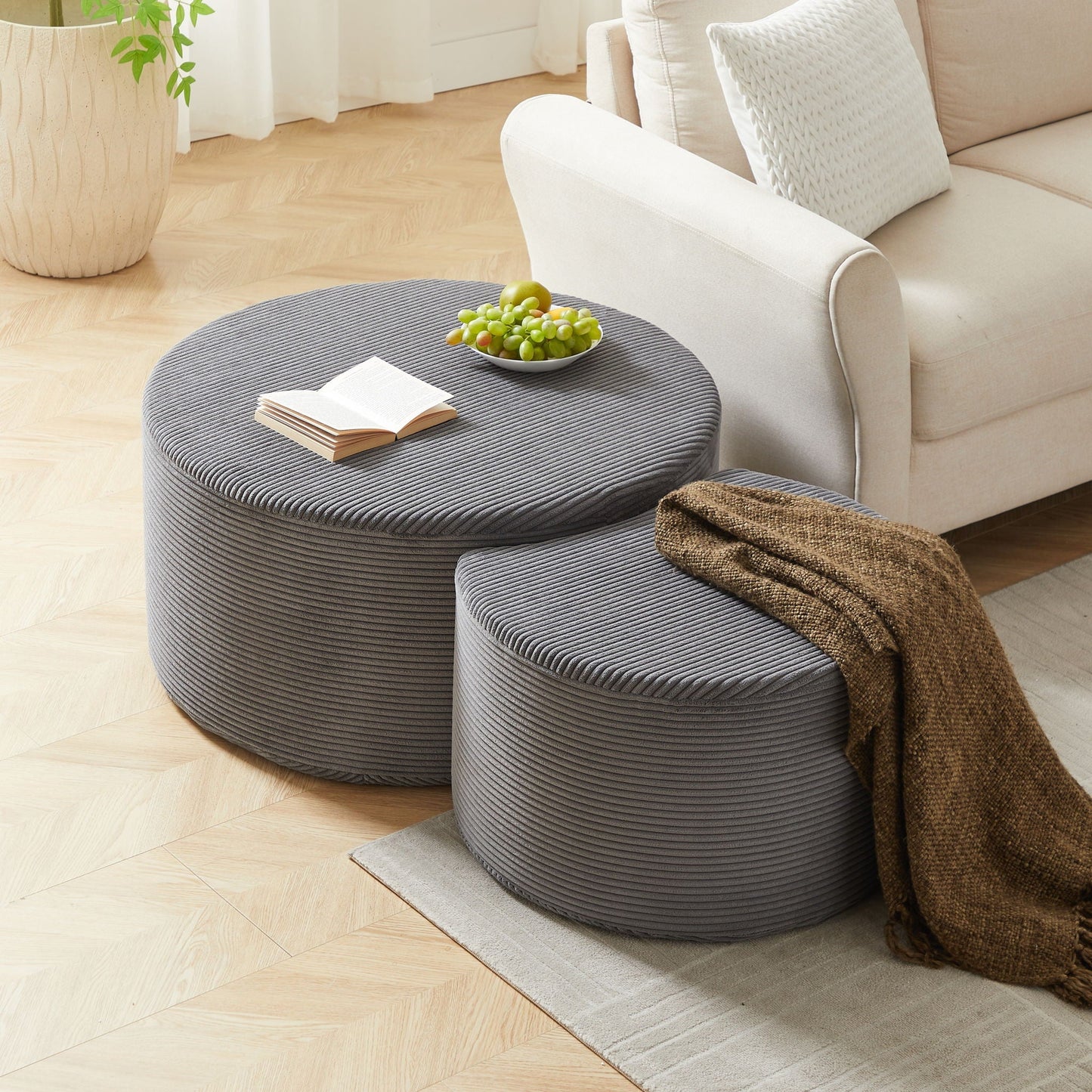 Modern Upholstered Round Coffee Table For Living Room (Set of 2)