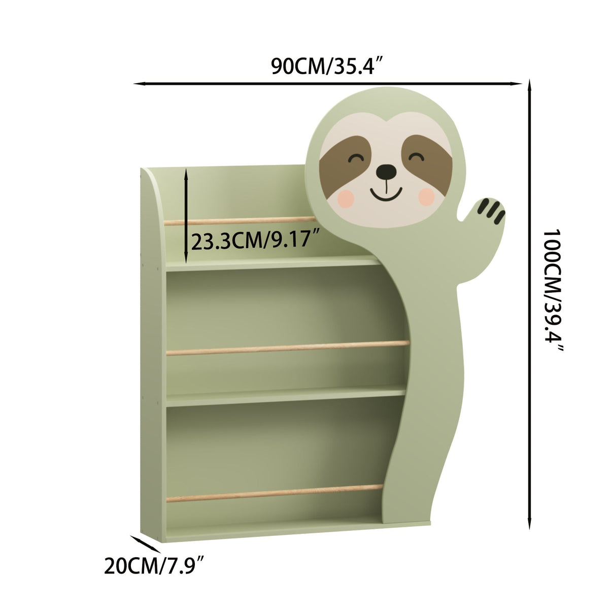 Sloth Bookshelf, Front Facing Toddler Book Display Rack With 3 Tiers, Cute Animal Design - Sage Green