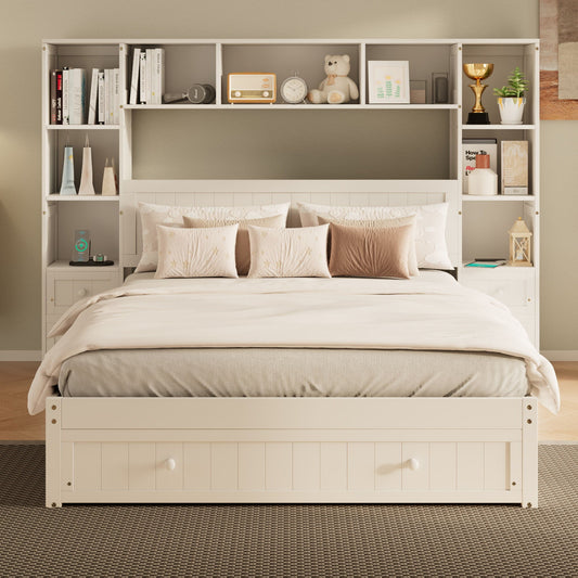 Platform Bed With All In One 2 Nightstand, Storage Shelf And Cabinet Bookcase With 2 Charging Stations