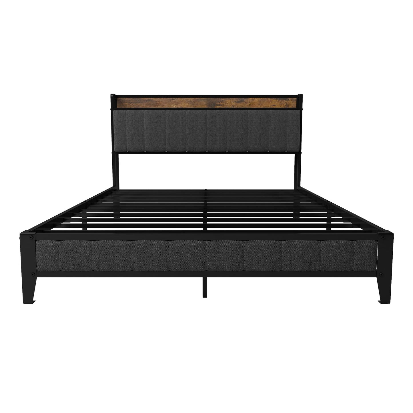 Bed With Charging Station, American Design Upholstered Headboard, Metal Platform