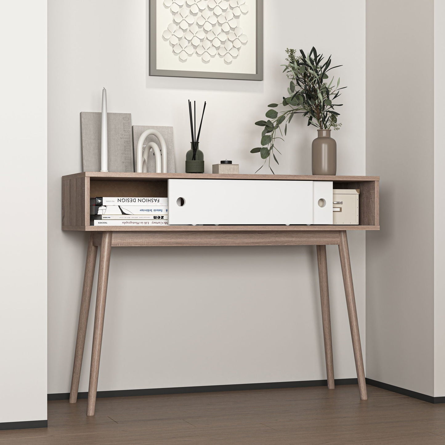 Rustic Entryway Console Table With Sliding White Doors And Wood Legs - Natural