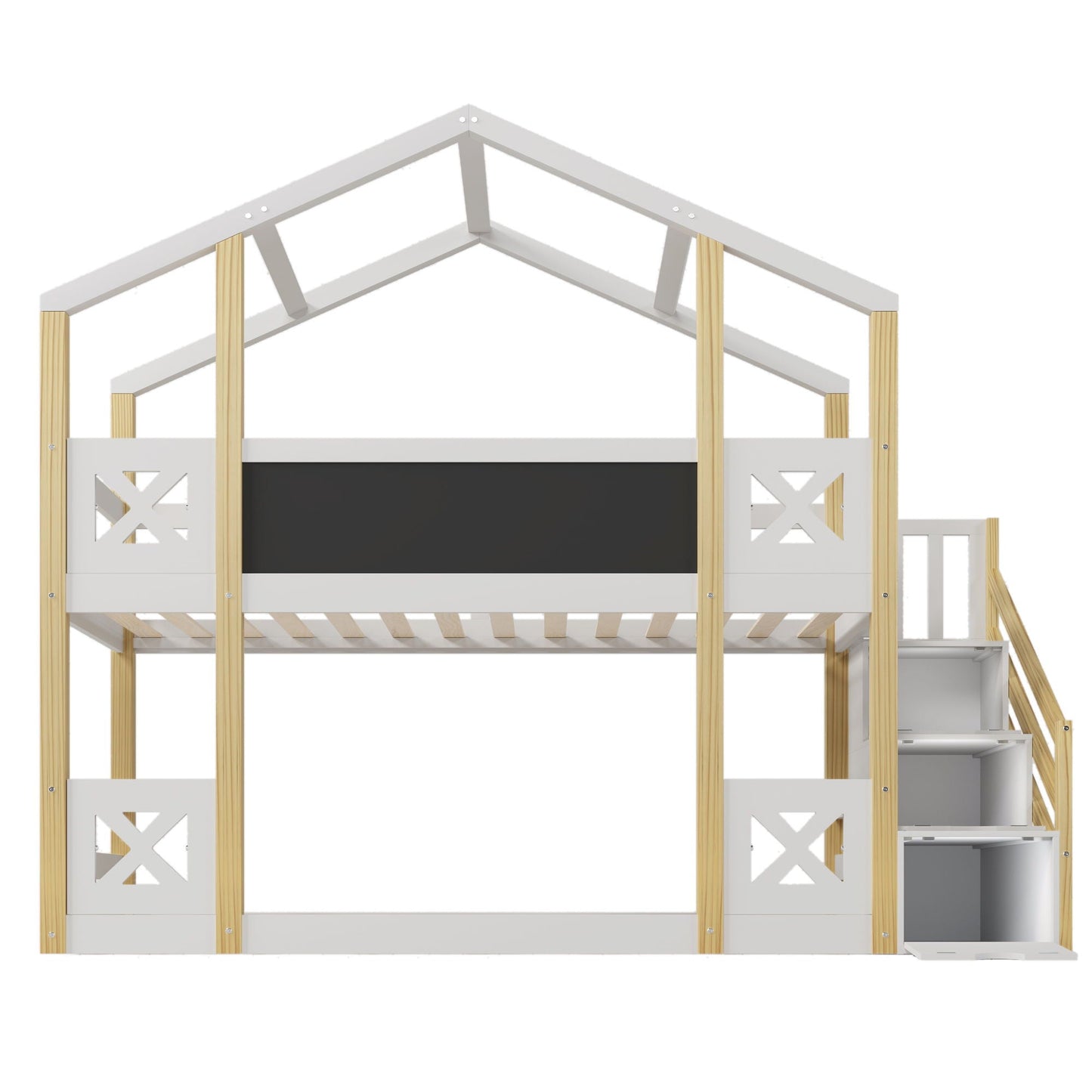 Twin Over Twin House Bunk Bed With White Storage Staircase And Blackboards - White