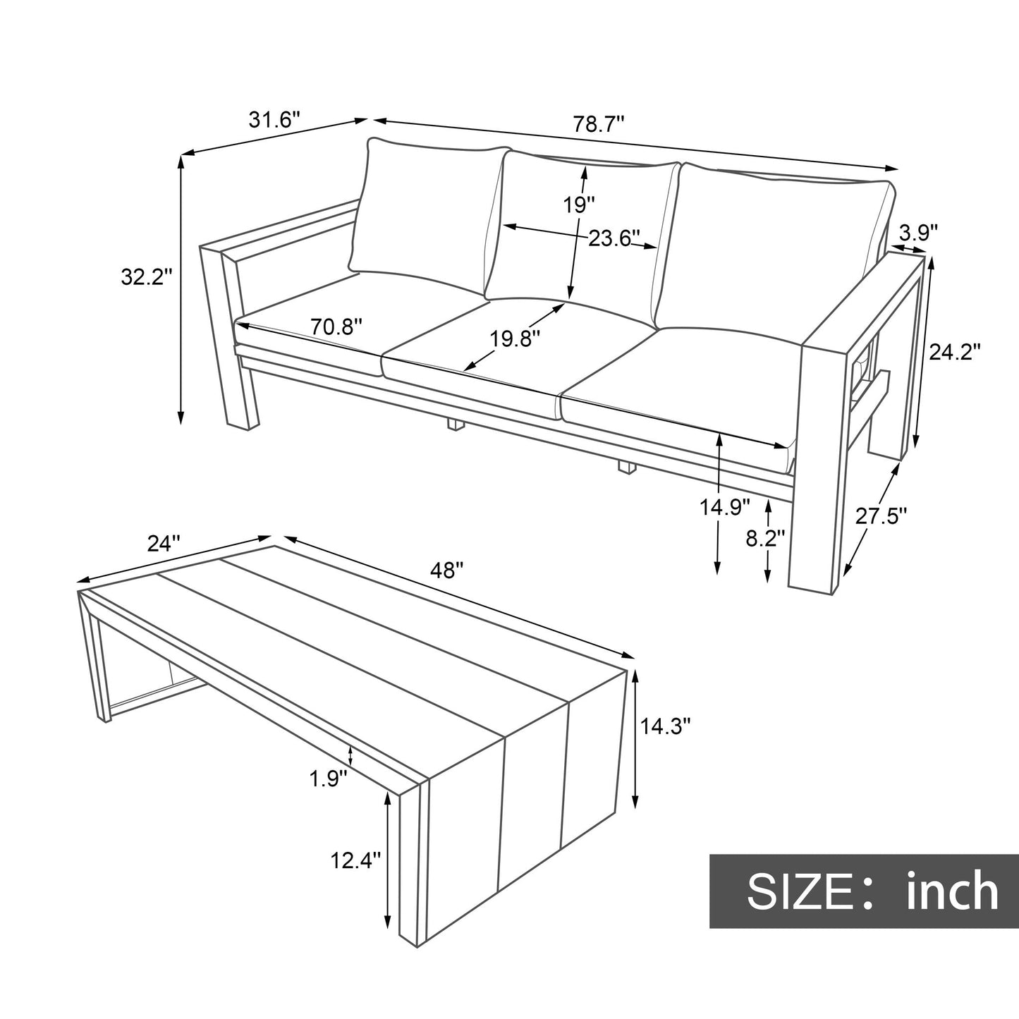 3 Seater Patio Set, Outdoor Sofa & Coffee Table Set