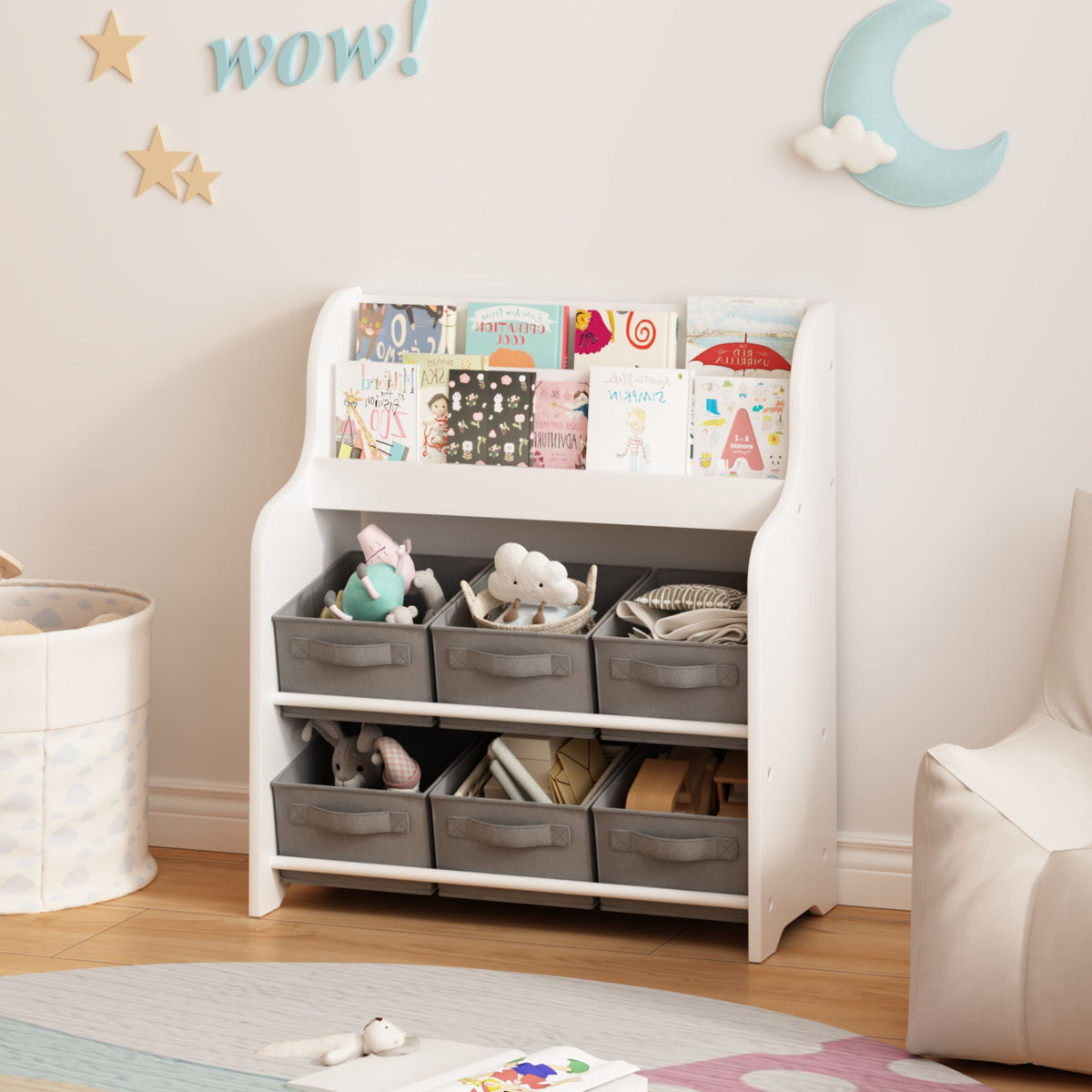 Bookshelf With 6 Storage Bins, Multi Functional Children's Bookcase And Toy Organizer - White
