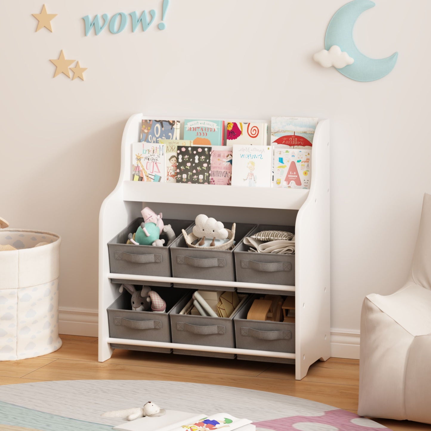Bookshelf With 6 Storage Bins, Multi Functional Children's Bookcase And Toy Organizer - White