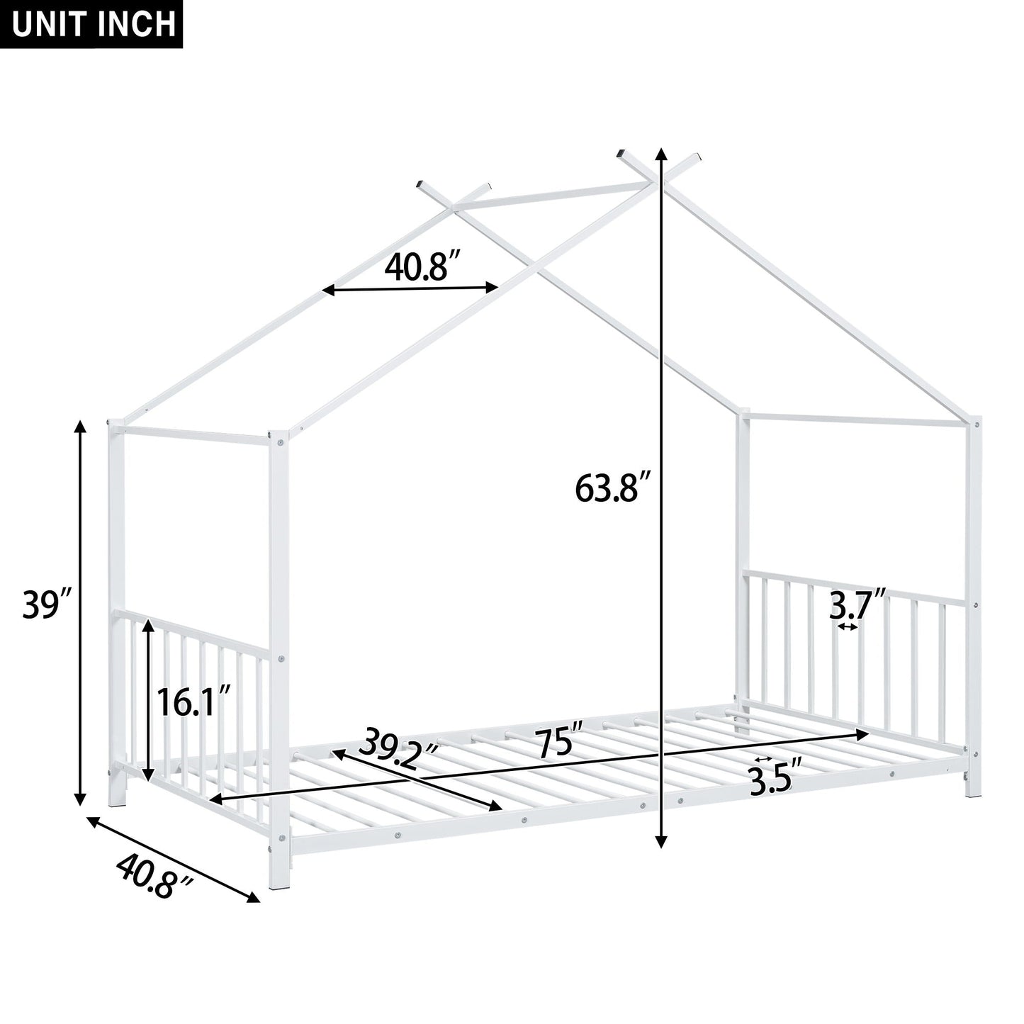 Twin Size Metal House Platform Bed - White