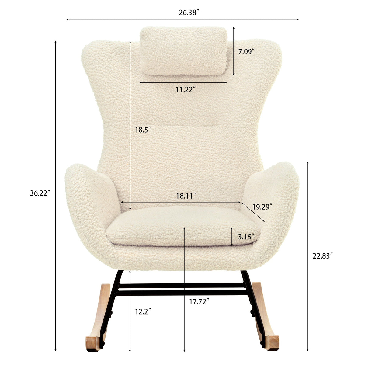 Rocking Chair Nursery, Teddy Upholstered Rocker Glider Chair With High Backrest, Adjustable Headrest & Pocket, Comfy Glider Chair For Nursery, Bedroom, Living Room, Offices, Rubber Wood