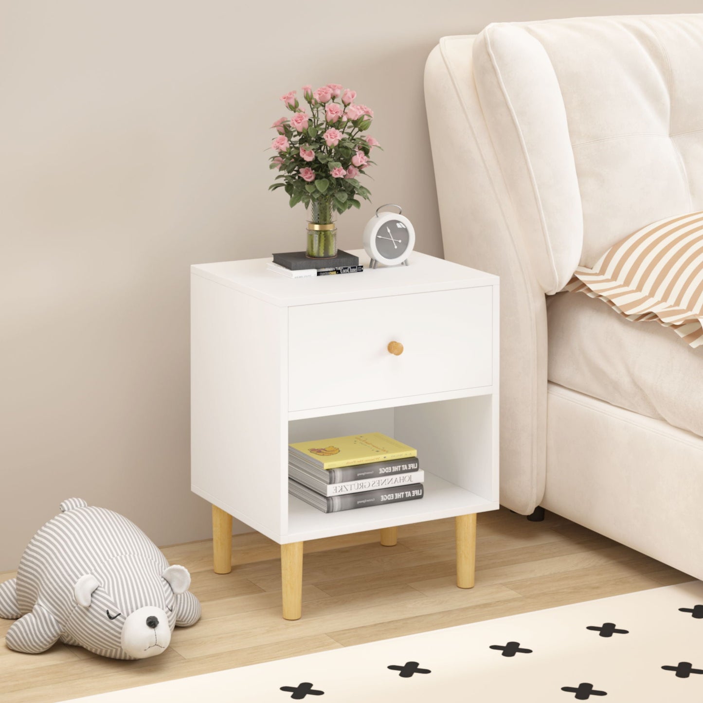 Nightstand With 1 Drawer And 1 Shelf - White