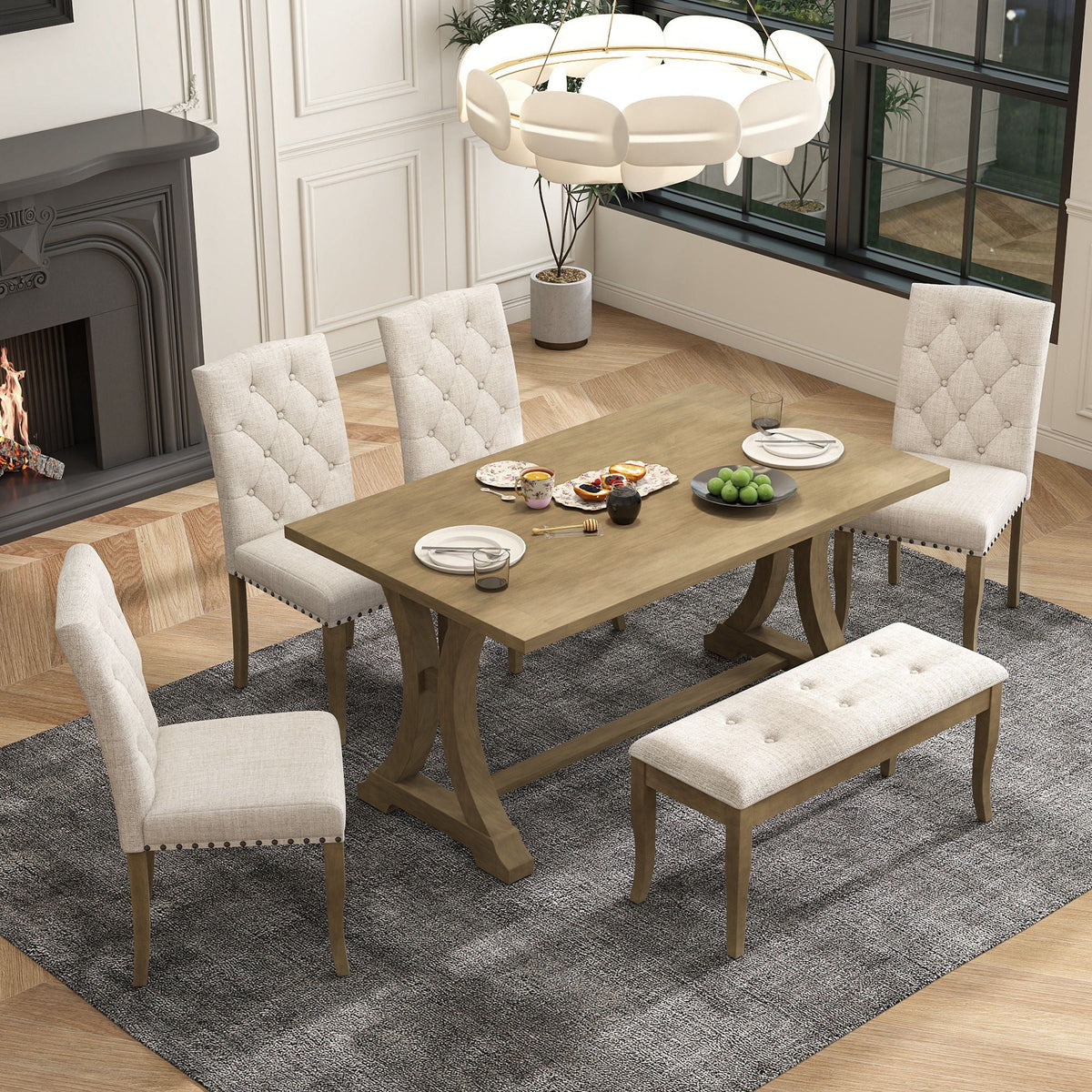 Dining Table Set With 4 Upholstered Chairs And Bench