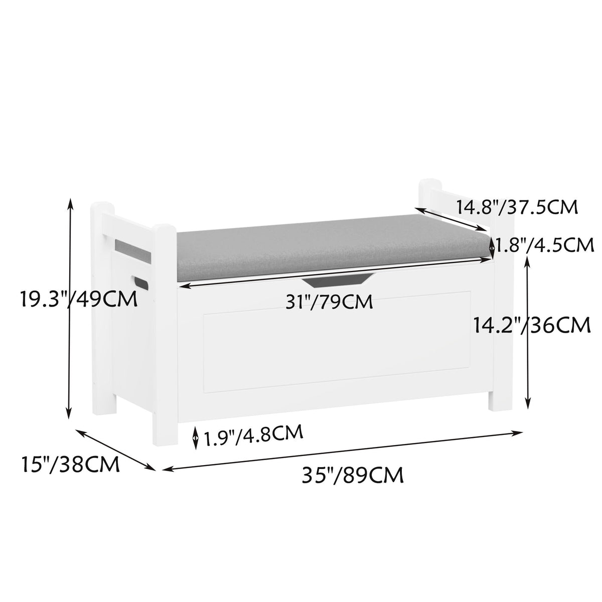 Kids Toy Box Chest Storage Cabinet With Cushion Seat Bench Flip Top Lid Safety Hinge - White