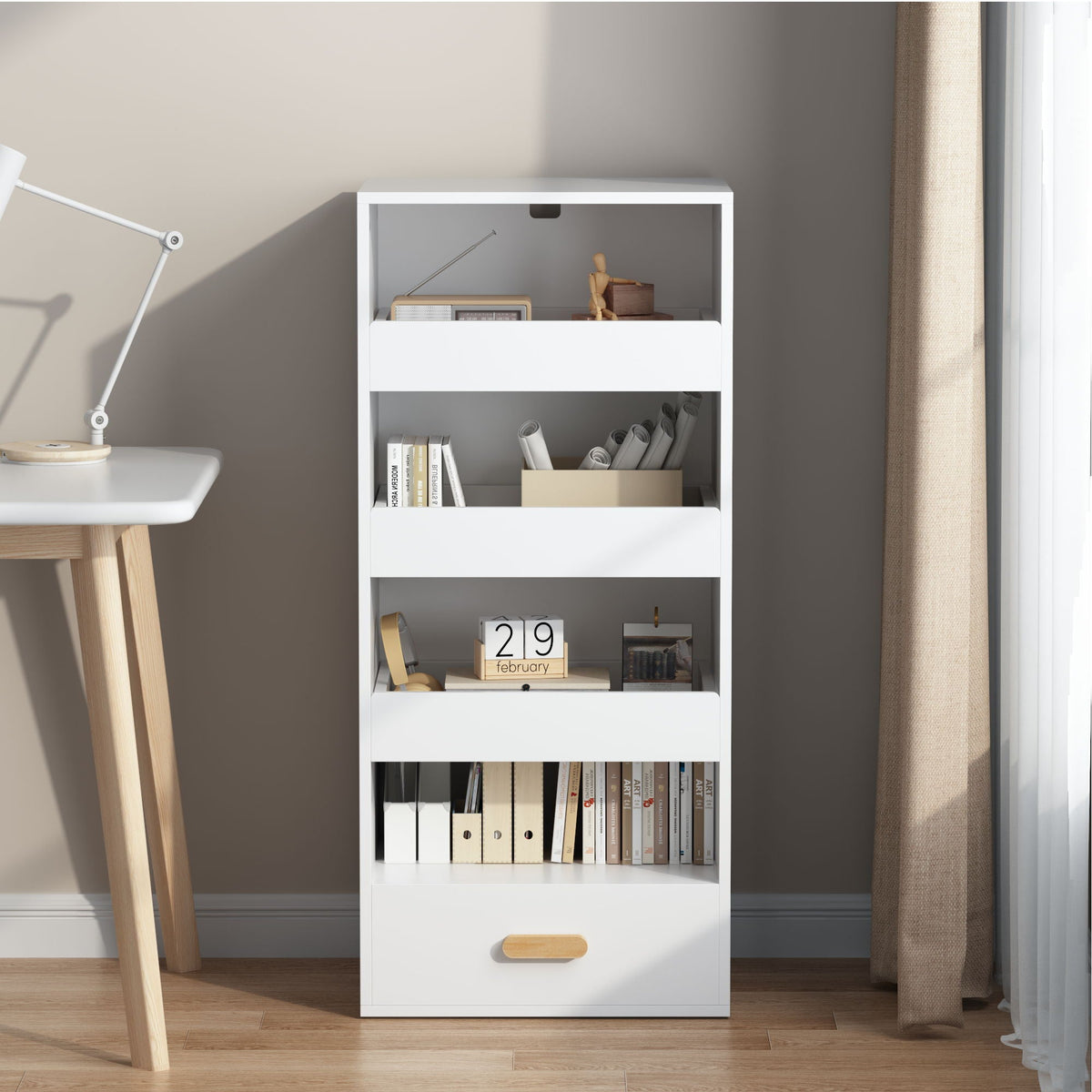 4 Tier Freestanding Bookshelf With 3 Sliding Drawers And 1 Bottom Drawer - White