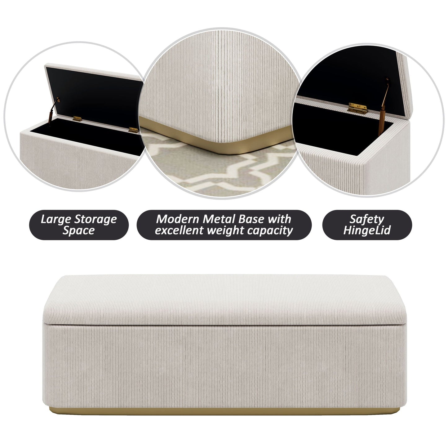 Chic Corduroy Upholstered Storage Ottoman With Vertical Stripe Design - Light Gray