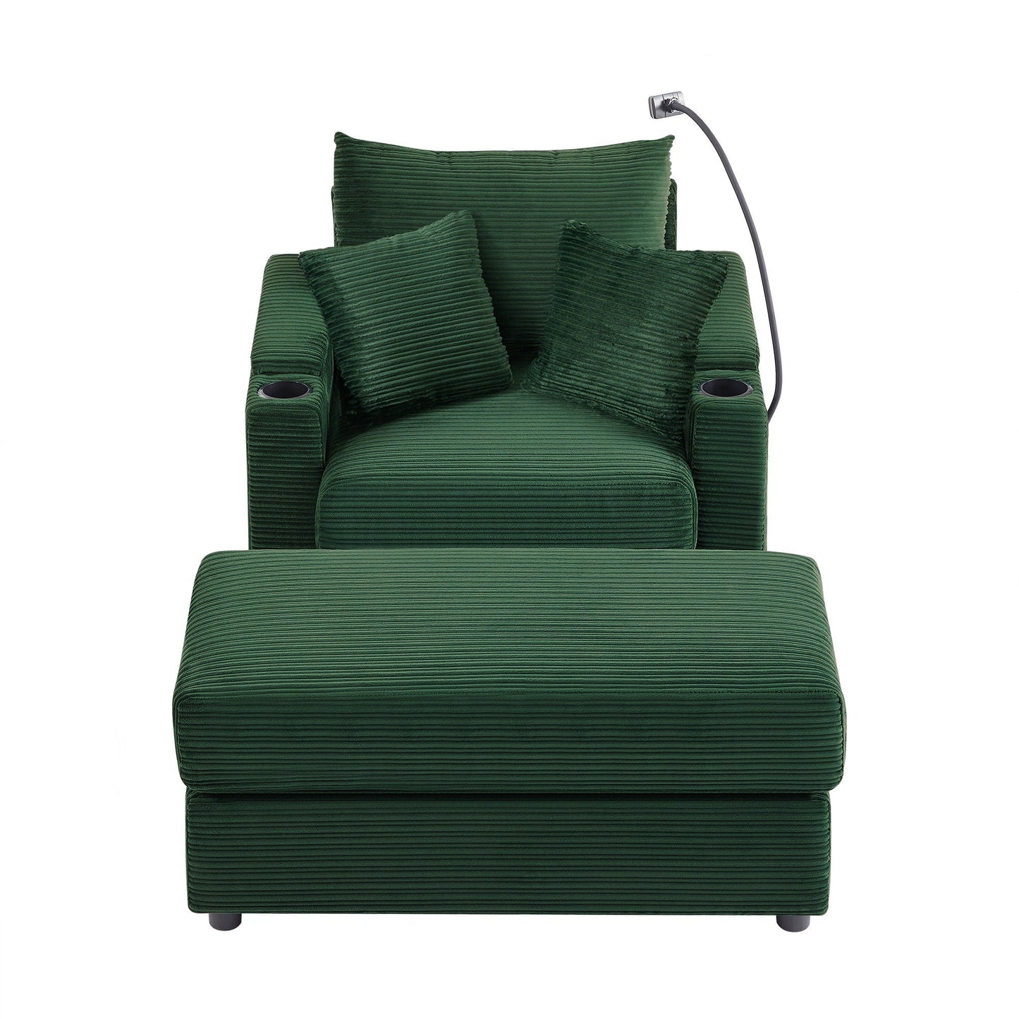 Single Sofa Couch With Storage Space, Movable Ottoman, USB Ports, Cup Holders, Phone Holder