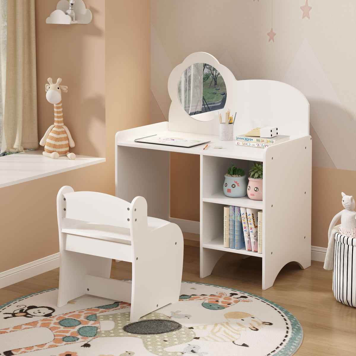 Kids Vanity Table With Mirror And Chair, Dressing Makeup Desk With Storage Shelves - White