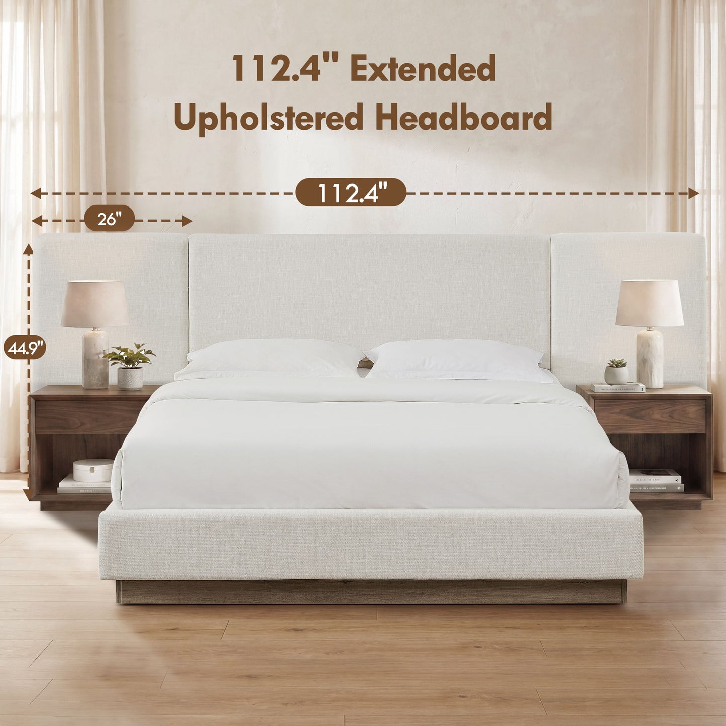 Muse - Queen Upholstered Platform Bed Frame - Ivory / Light Gray / Camel Oak