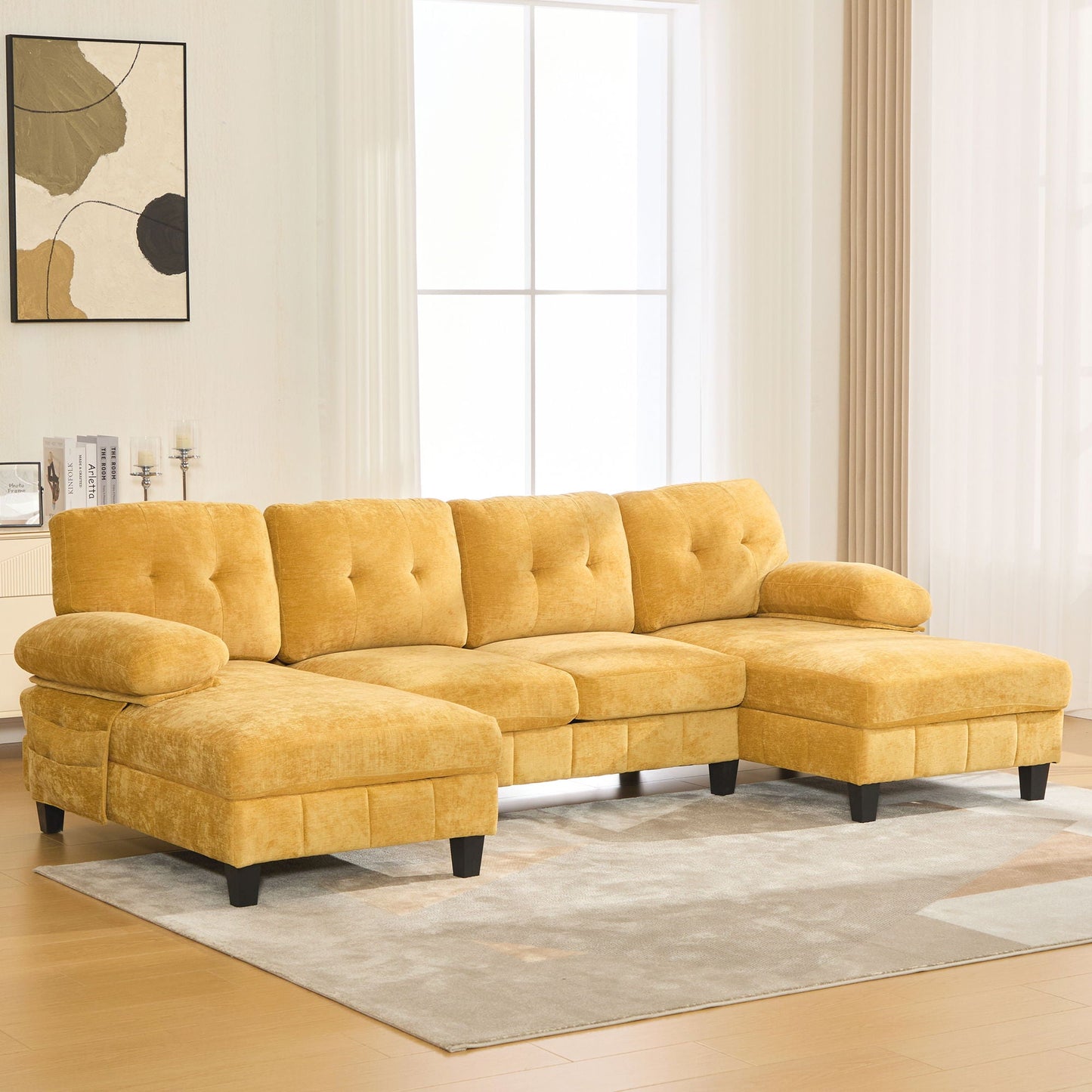 U-Shaped Sectional Sofa 103.5" Fabric Couch With Dual Chaise Lounges, Storage Pockets, Armrest Pillows