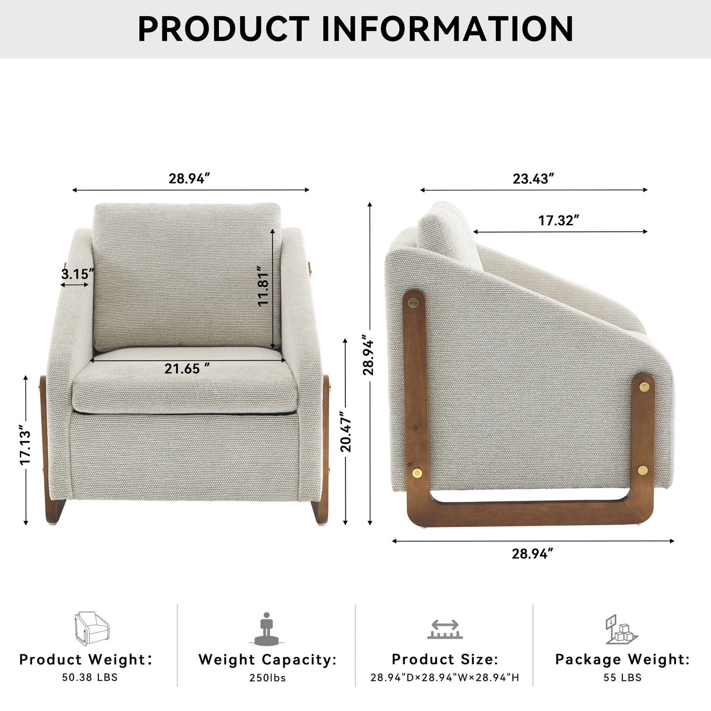 Modern Chenille Upholstered Armchair With Wooden Side Frame