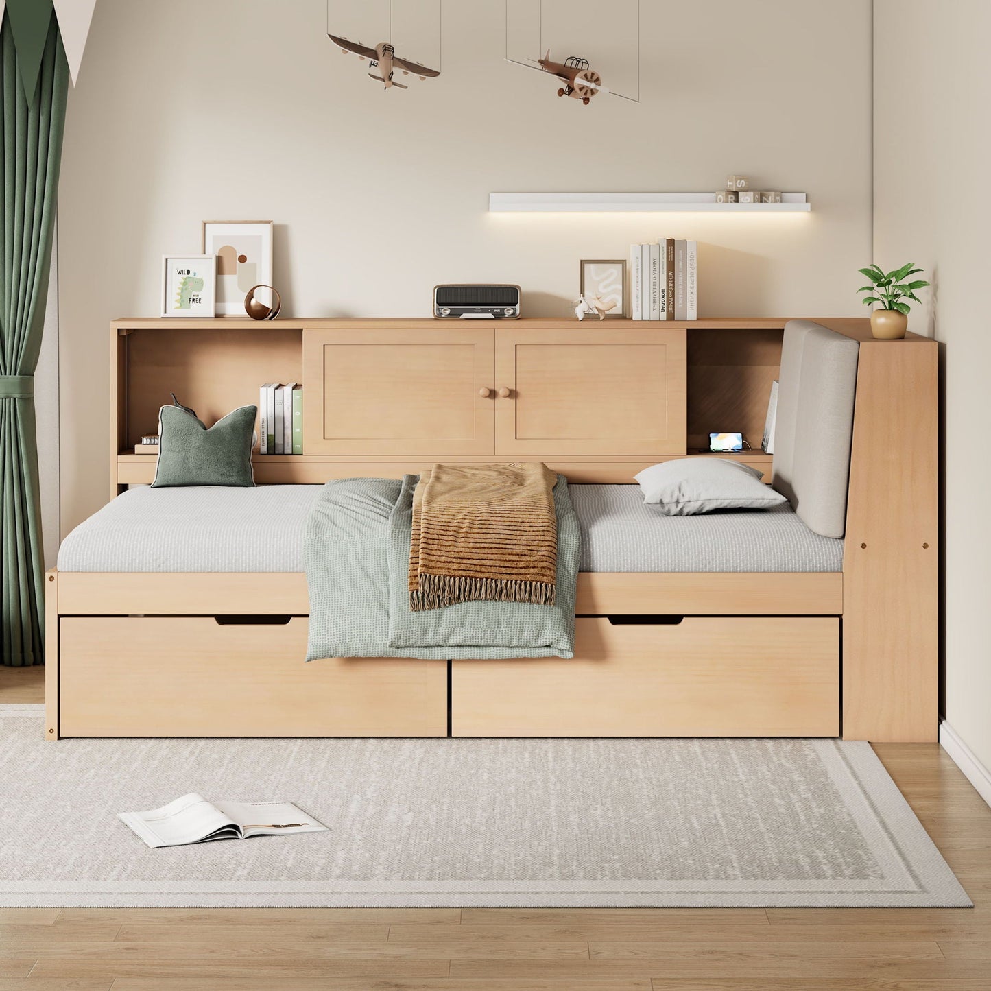 Twin L - Shaped Daybed With Storage Bookcase, Upholstered Headboard, USB Charging Ports & Hidden Drawers - Natural
