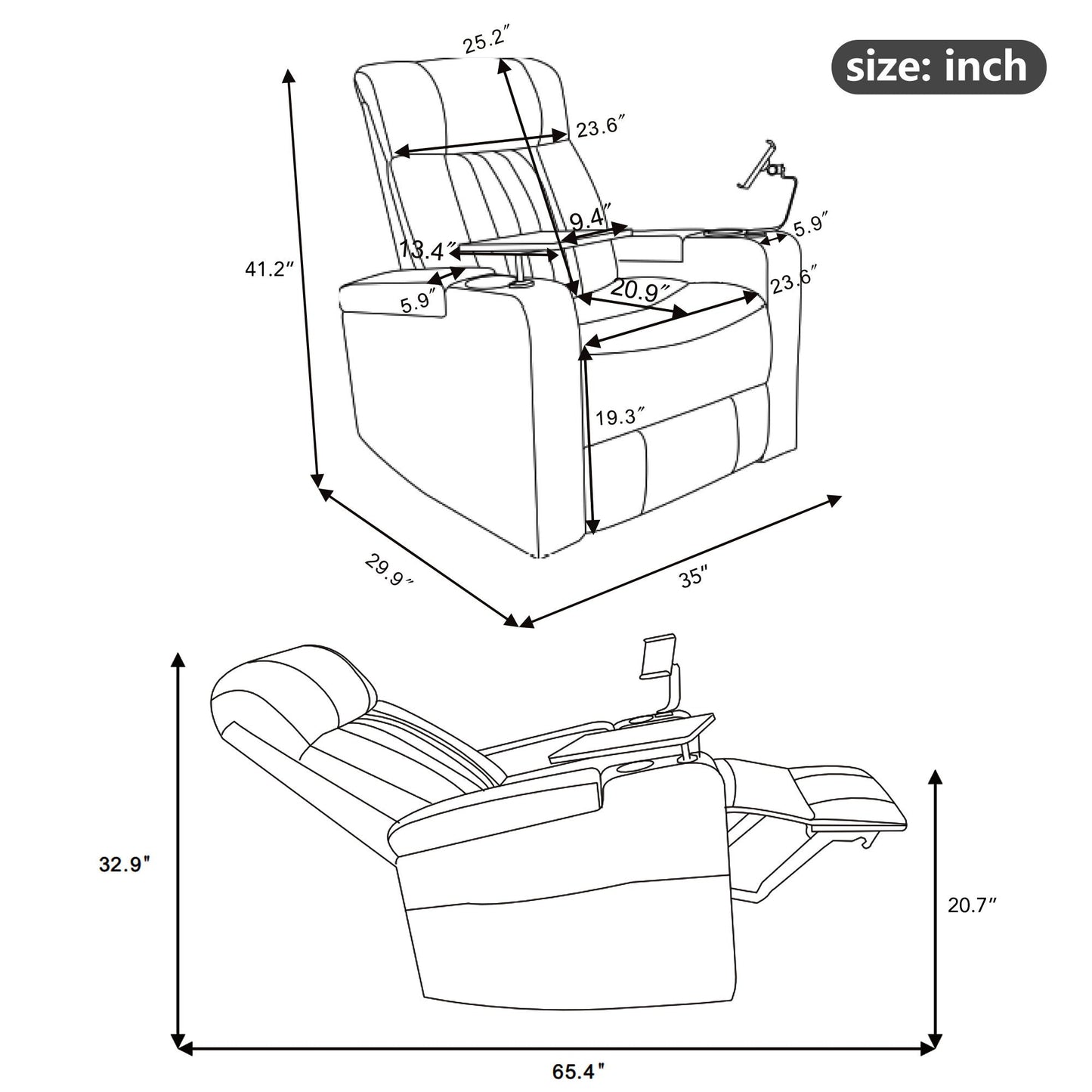 Premium Power Recliner & Storage Arms, Cupholders, Swivel Tray Table And Cell Phone Stand - Black