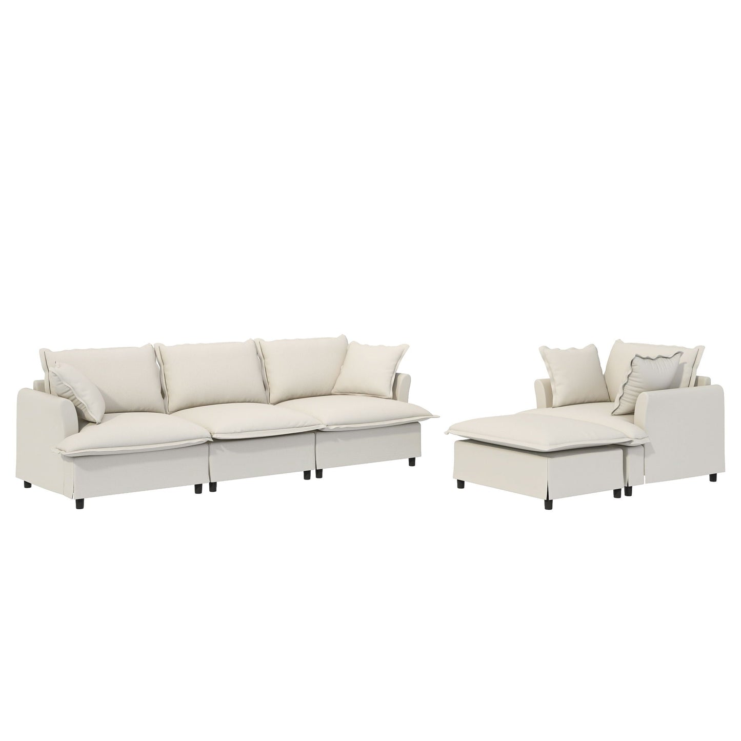 3 Piece Living Room Set Modular L Shaped Sectional Couch Upholstered, 3 Seater Sofa & Armchair & Movable Ottoman 5 Seat - Beige