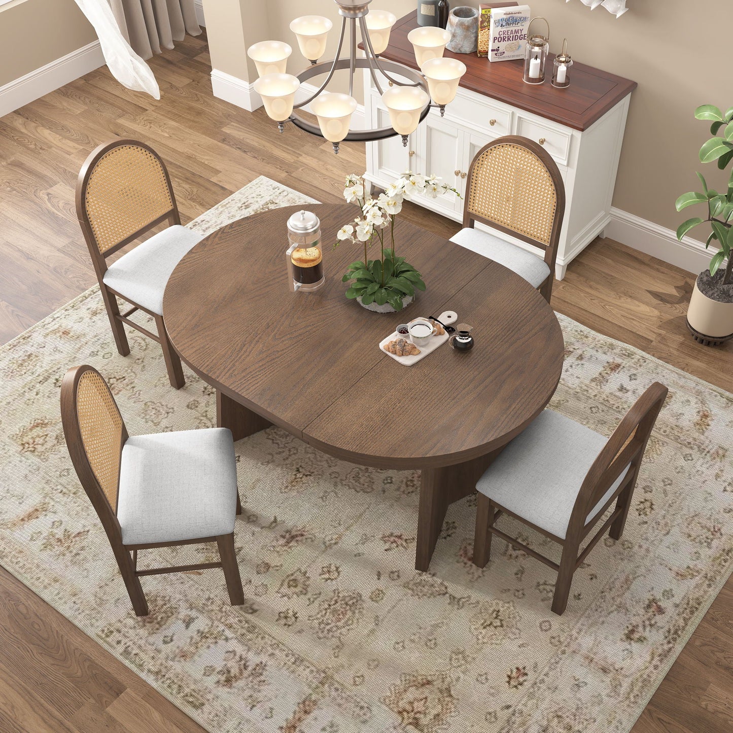 Extendable Round Dining Table Set For 4 With 4 Upholstered Chairs - Beige / Walnut