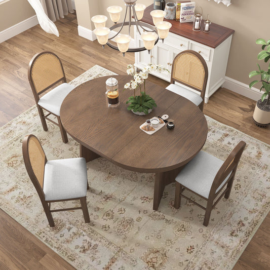 Extendable Round Dining Table Set For 4 With 4 Upholstered Chairs - Beige / Walnut
