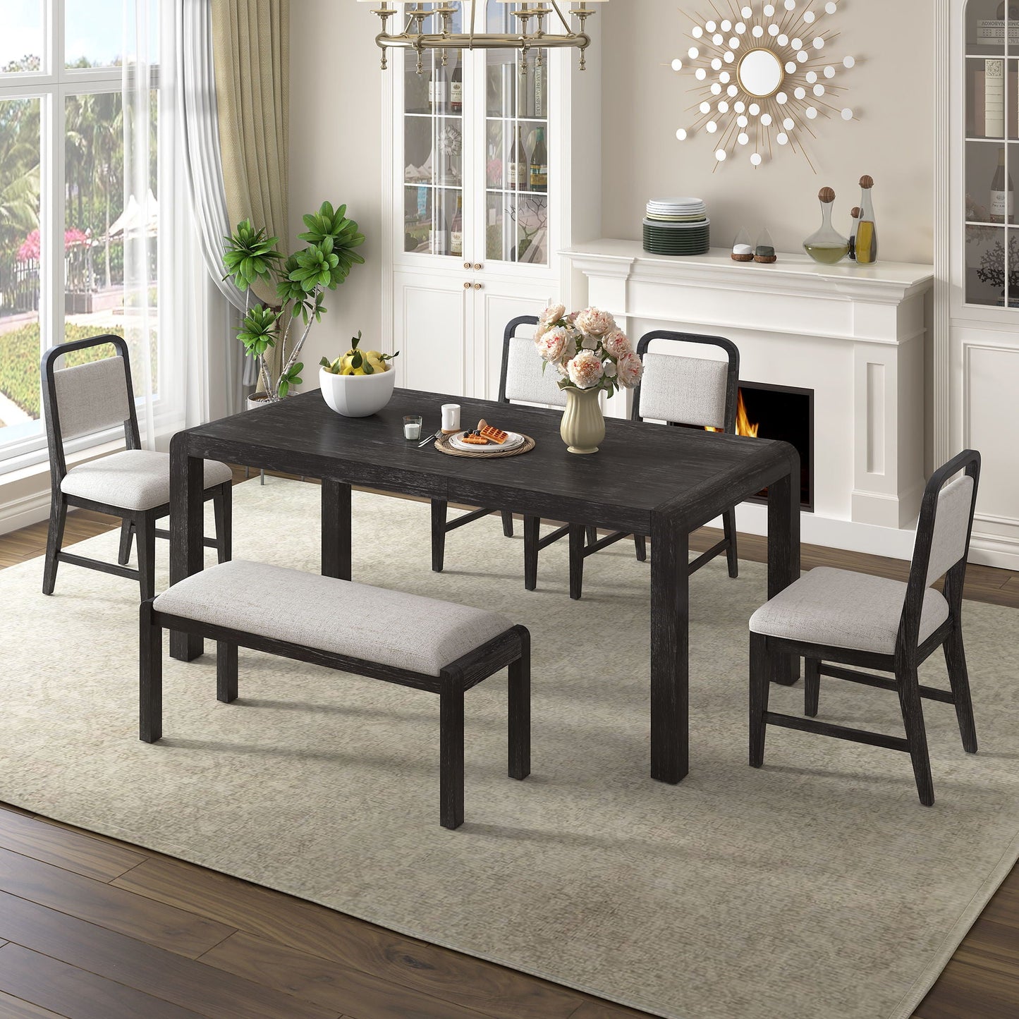Extendable Dining Table Set With 4 Upholstered Chairs And 1 Bench