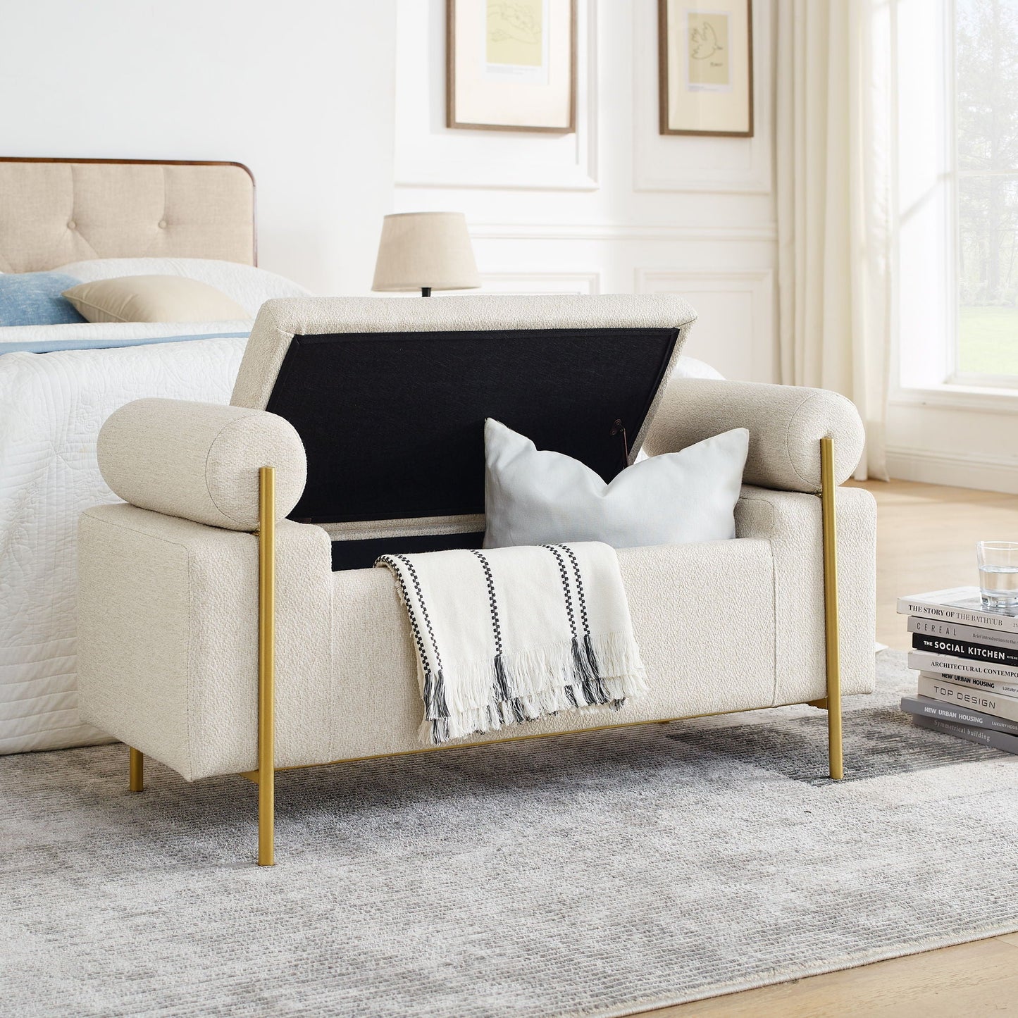 Elegant Upholstered Storage Bench With Cylindrical Arms And Iron Legs,