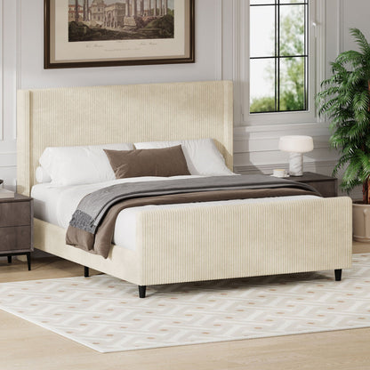 Upholstered Bed Frame With Vertical Stripe Wingback And High Footboard