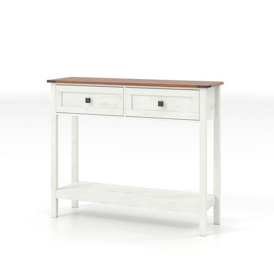 Farmhouse Style Console Table With 2 Drawers And Bottom Storage Shelf