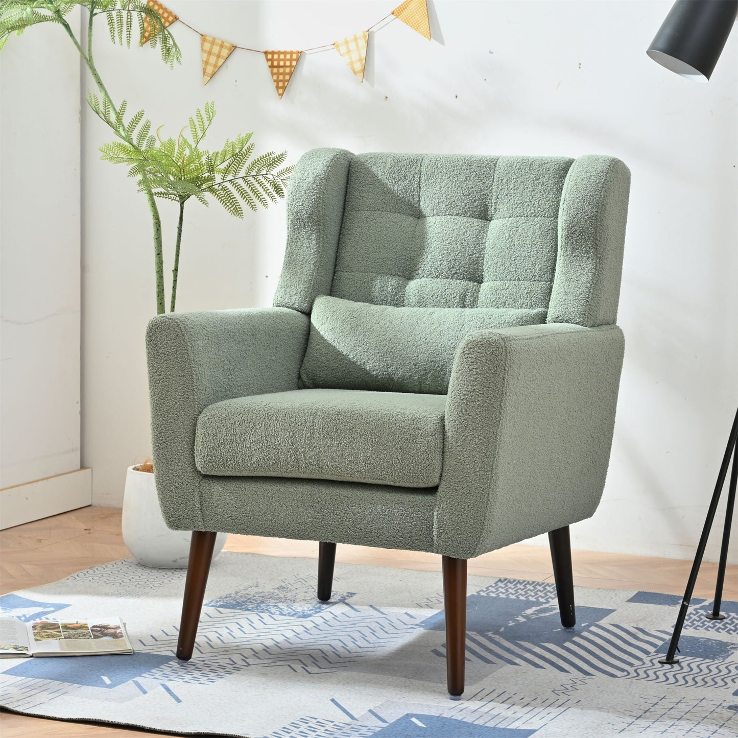 Modern Accent Chair, Teddy Fabric Living Room Chairs Comfy Reading Chair, Mid Century Accent Chair, Lounge Arm Chairs Armchair For Living Room Bedroom - Light Green