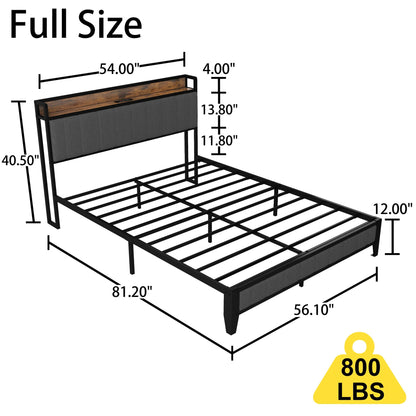 Bed With Charging Station, American Design Upholstered Headboard, Metal Platform