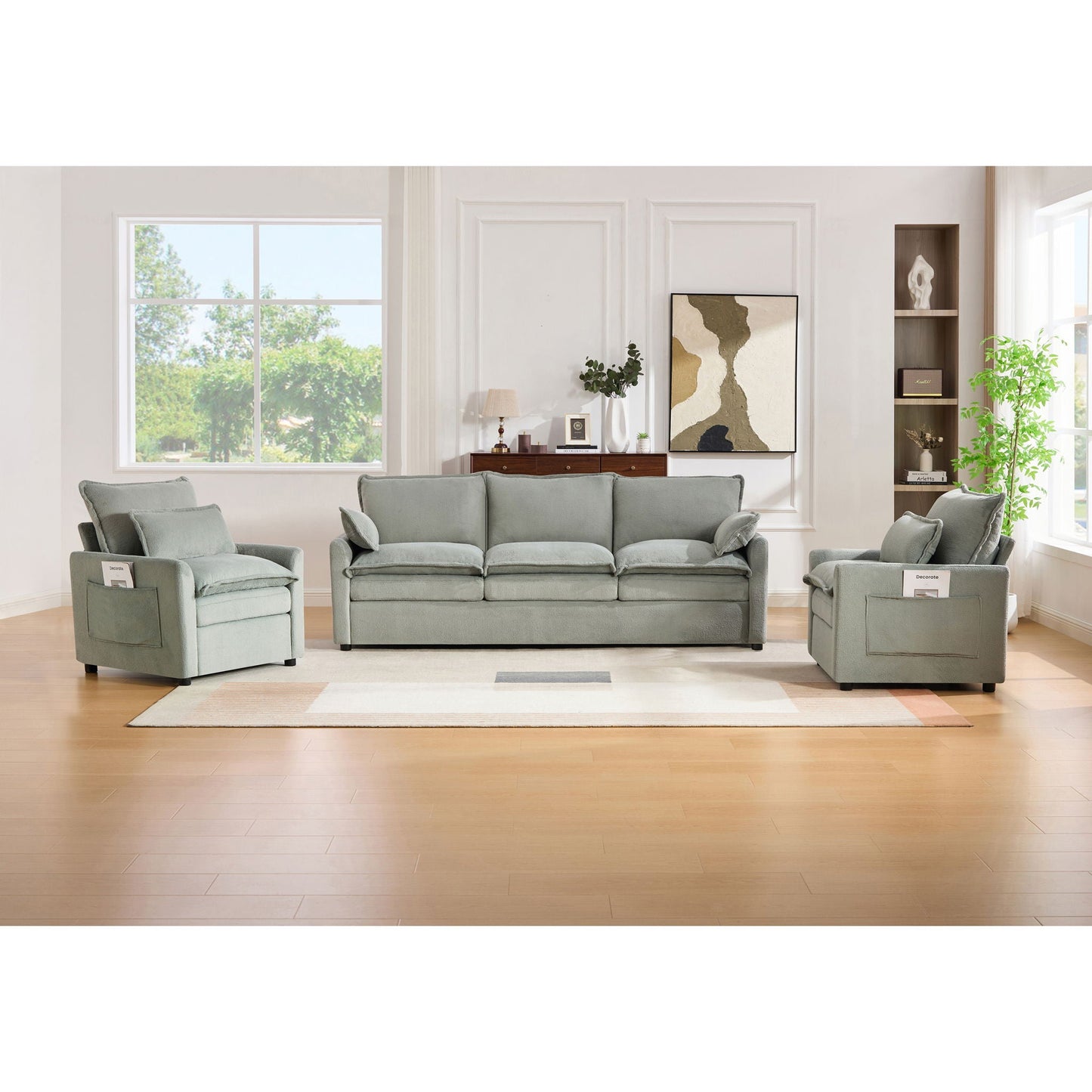 Modern Sofa Set With Double Layer Cushion And Side Storage Pockets