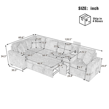 Modular L-Shaped Sectional Sofa Bed With Pull-Out Sleeper, Cup Holders, And Storage