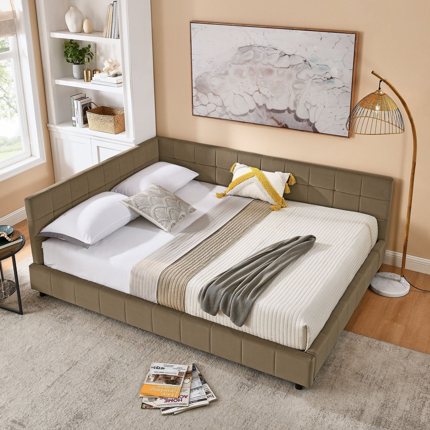 Storage Upholstered Tufted Bed Frame With Backrest And Armrests