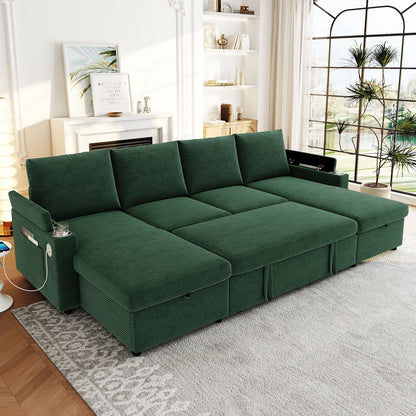 U Shaped Sectional Sofa Bed With Storage Chaise Lounges, USB Ports, And Cup Holders