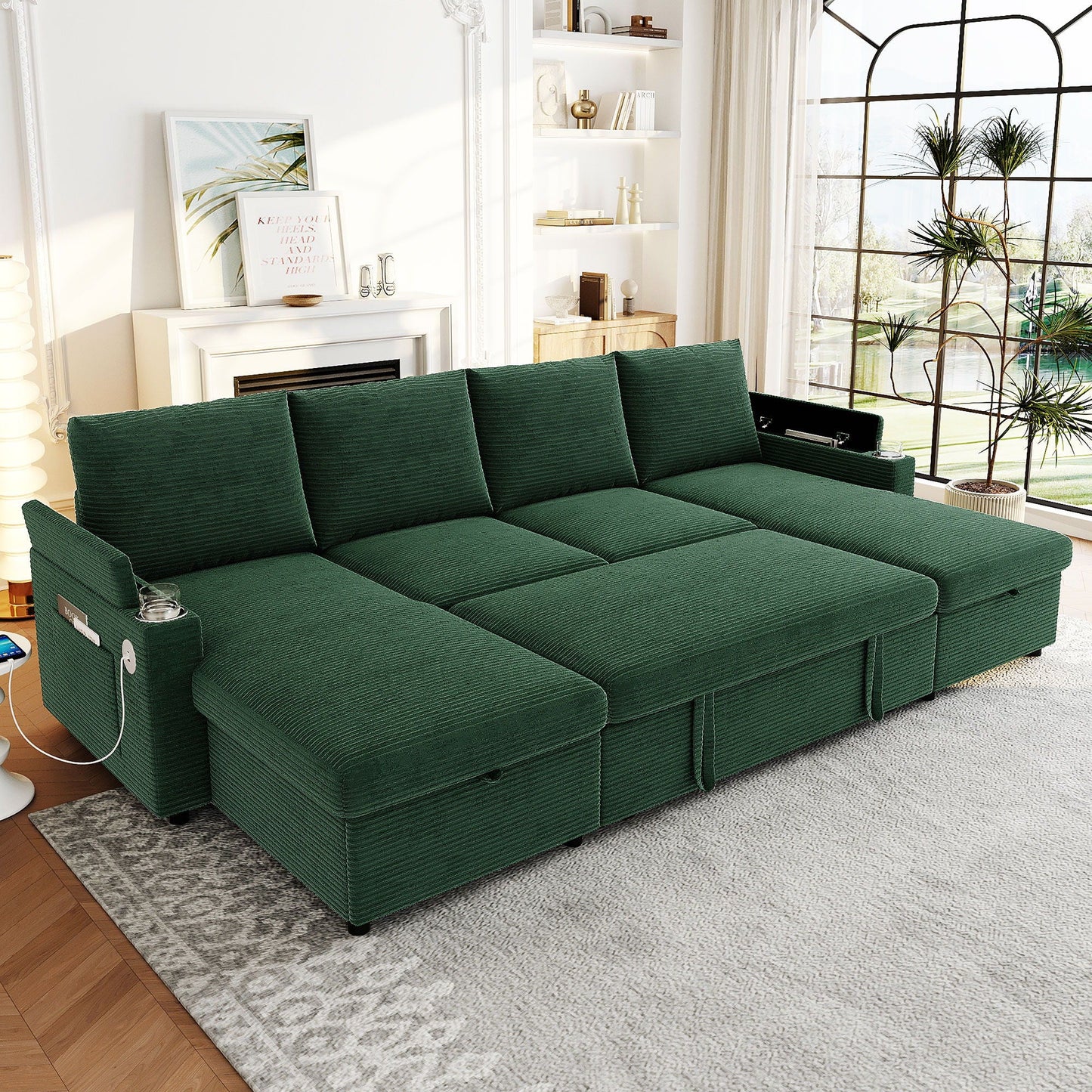U Shaped Sectional Sofa Bed With Storage Chaise Lounges, USB Ports, And Cup Holders