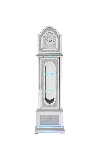 Noralie - Mirrored & Faux Diamonds Grandfather Clock With LED - Silver Gray