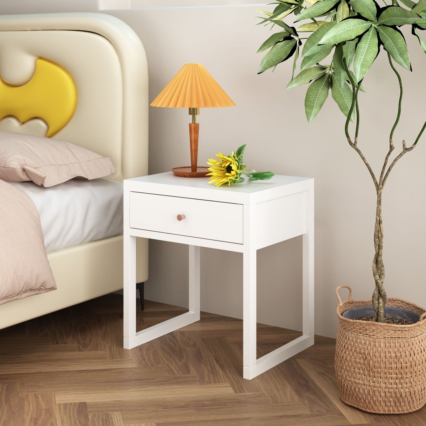 Nightstand With Drawer, Minimalist Bedside Table, Compact End Table For Bedroom - White