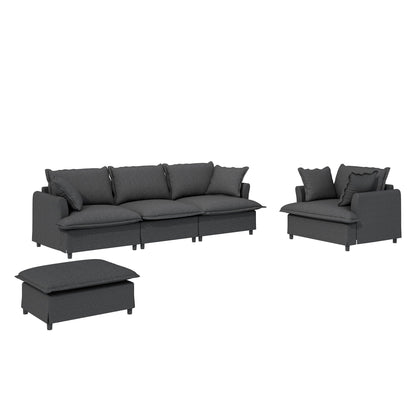 3 Piece Living Room Set Modular L Shaped Sectional Couch Upholstered, 3 Seater Sofa & Armchair & Movable Ottoman 5 Seat - Gray