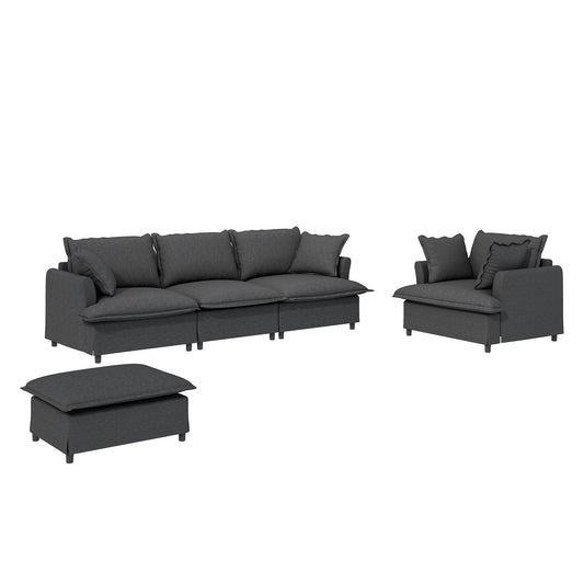 3 Piece Living Room Set Modular L Shaped Sectional Couch Upholstered, 3 Seater Sofa & Armchair & Movable Ottoman 5 Seat - Gray