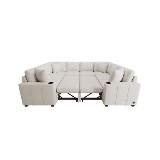 Modern U-Shaped Sectional Sofa Convertible Pull-Out Sofa Bed With USB Ports And Cup Holders