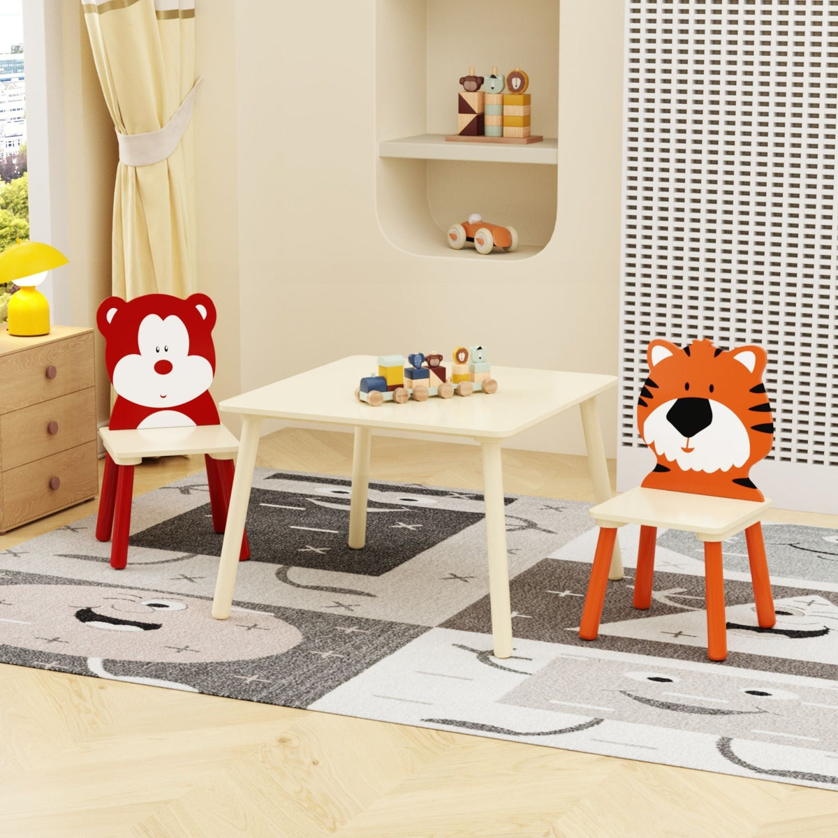 Table And 2 Chairs Set, Activity Play Table Set With Bear & Tiger Design - Natural