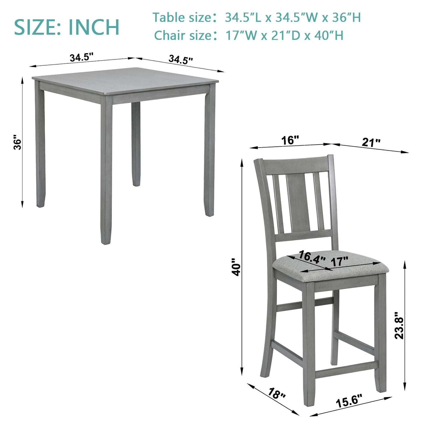 5 Pieces Dining Table Set, Counter Height Kitchen Table Set With Square Table And 4 Upholstered Chairs