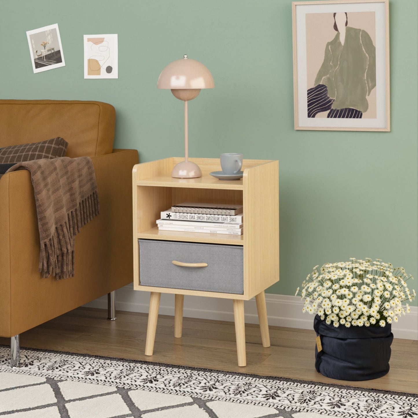 Nightstand With Collapsible Drawer, 2 Tier Storage End Table For Bedroom