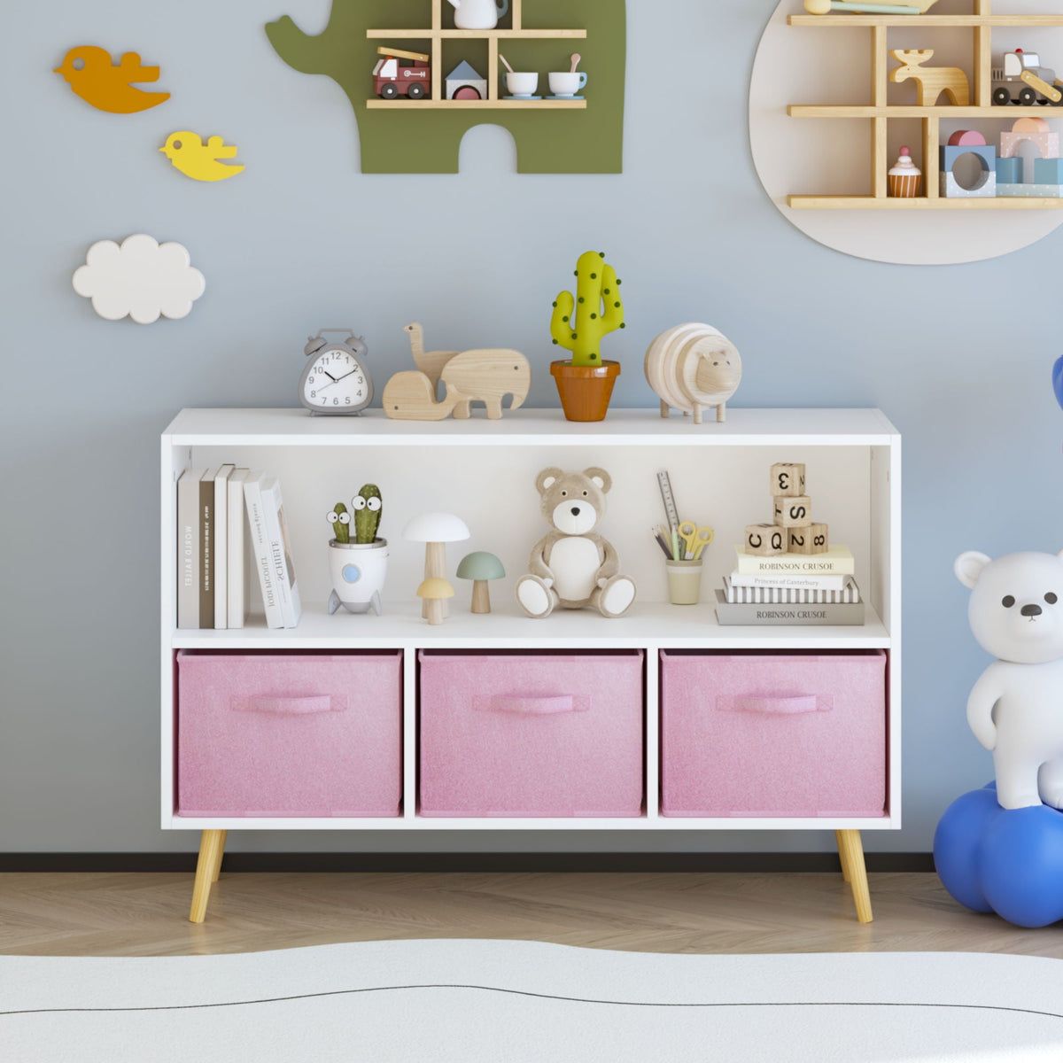 Bookcase With Collapsible Drawers, Book Display Organizer