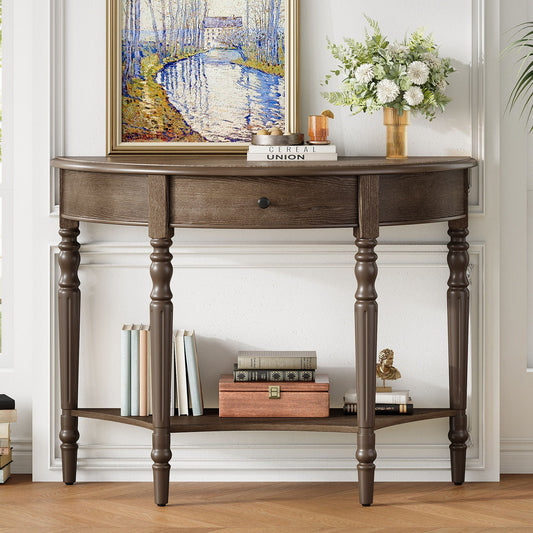Half Moon Console Table With Drawer & Shelf For Living Room - Walnut