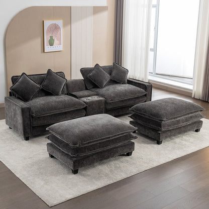 Modern Sectional Sofa With Removable Ottomans, USB Ports